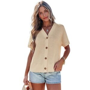 Cupshe Cream Waffle Knit Button Front Short Sleeve Cardigan Sweater Size M